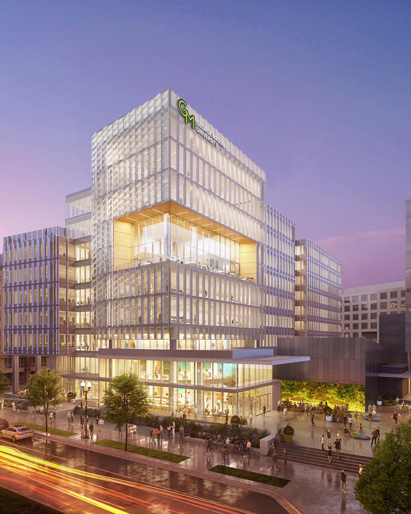 A lifelike rendering of the future Fuse building in the middle of Arlington at night.