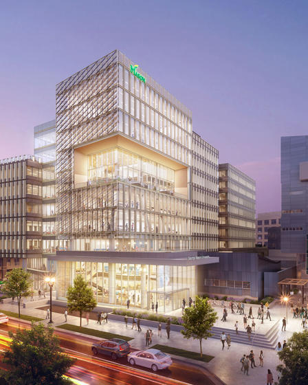 A computer rendition of the future Fuse building at night.